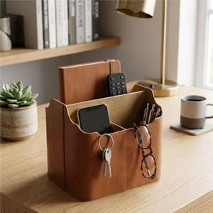May include: A tan leather desk tidy with several sections. It contains a notebook, remote control, phone, keys, pens, and glasses. A small plant and a coffee mug are also on the desk.