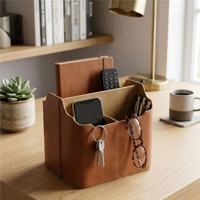 May include: A tan leather desk tidy with several sections. It contains a notebook, remote control, phone, keys, pens, and glasses. A small plant and a coffee mug are also on the desk.