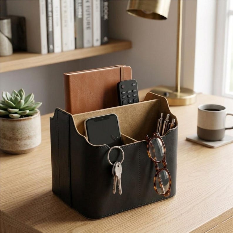 May include: A black leather desk organizer with multiple compartments. It holds a brown notebook, a remote control, a smartphone, keys, pens, and eyeglasses. The organizer sits on a wooden desk, with a succulent plant and a coffee mug nearby.