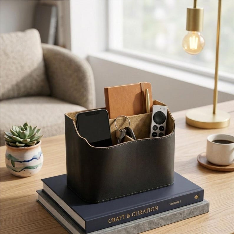May include: A black leather desk organizer filled with a smartphone, keys, remote, notebook, and pen. The organizer sits atop two blue books with the text "Craft & Curation" visible. A small succulent in a pot is on the left.