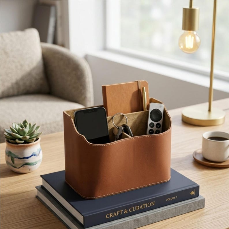 May include: A tan leather desk tidy with several sections, containing a smartphone, keys, remote, notebook, and pen. The organiser is placed on two dark blue books on a wooden table, with a succulent and lamp in the background.