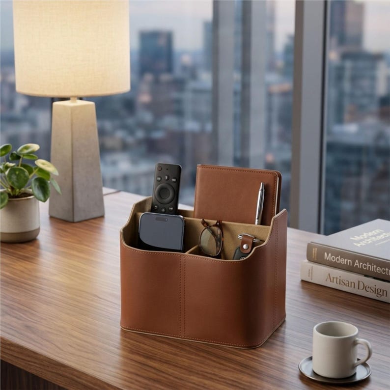 May include: A tan leather desk tidy with several sections, containing a remote control, phone, notebook, pen, and spectacles. The organiser is on a wooden desk, next to a lamp, plant, and books. A cup of coffee is on the desk.
