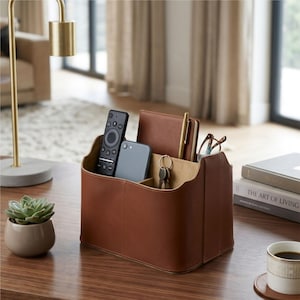 May include: A brown leather desk tidy with several sections. It contains a remote, a smartphone, keys, a notebook, a pen, and glasses. The organiser sits on a wooden surface, with a small potted plant and a cup of coffee nearby.