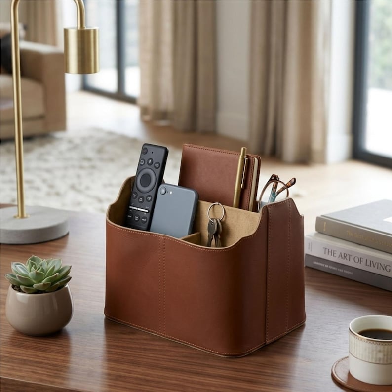 May include: A brown leather desk tidy with several sections. It contains a remote, a smartphone, keys, a notebook, a pen, and glasses. The organiser sits on a wooden surface, with a small potted plant and a cup of coffee nearby.