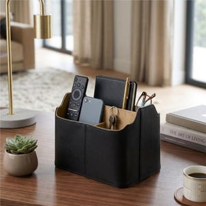 May include: A black leather desk organizer with multiple compartments containing a remote control, a smartphone, a notebook, a pen, a set of keys, and a pair of eyeglasses. The organizer has a tan interior lining and visible stitching.