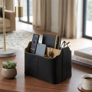 May include: A black leatherette organizer with multiple compartments, holding a remote, smartphone, keys, notebook, pen, and glasses. The interior is tan, and the organizer sits on a wooden surface. A small succulent in a pot is on the left.
