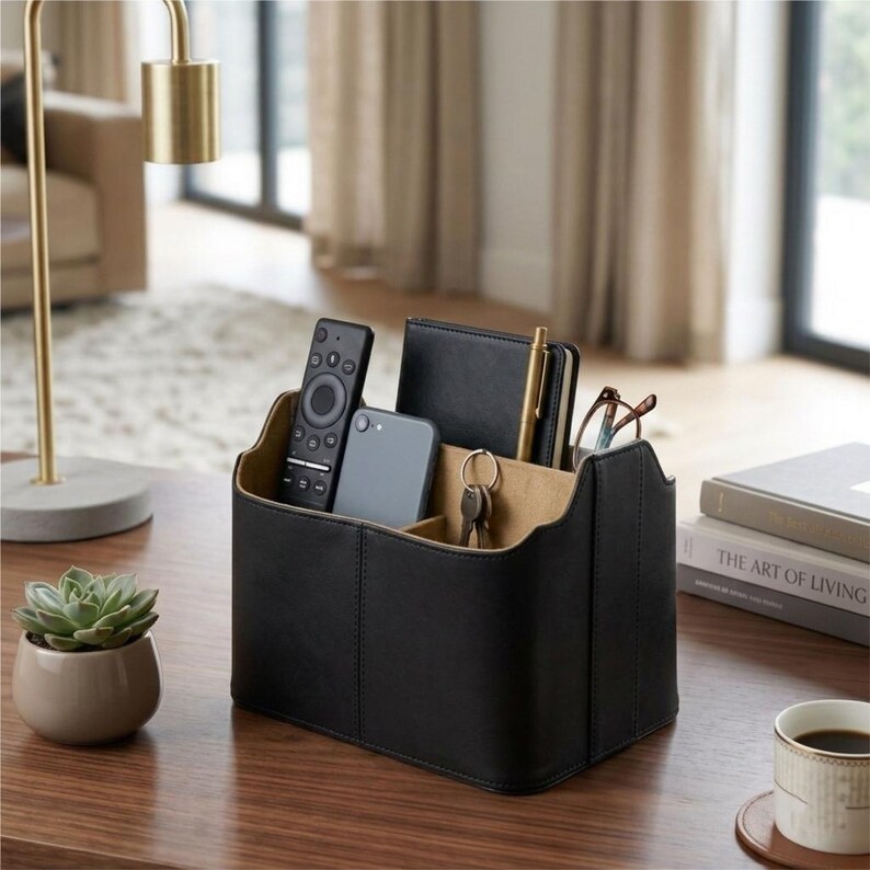 May include: A black leatherette organizer with multiple compartments, holding a remote, smartphone, keys, notebook, pen, and glasses. The interior is tan, and the organizer sits on a wooden surface. A small succulent in a pot is on the left.