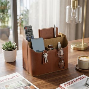 May include: A tan leather desk tidy with various sections. It contains a remote control, phone, notebook, pen, USB stick, keys, and spectacles. A small succulent in a white pot and a coffee cup are also on the desk.