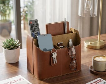 Hand Crafted Leather Remote Caddy, Desk Organizer with Tablet Stand, Custom Remote Caddy, Remote Control Organizer for DVD, Blu-Ray, TV Roku