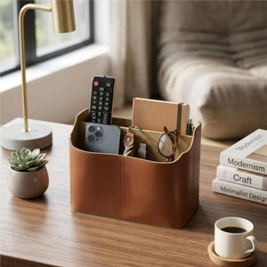May include: A brown leather desk tidy with several compartments, containing a remote, smartphone, notebook, glasses, keys, and a USB drive. The organiser sits on a wooden surface, beside a small succulent and a gold desk lamp.