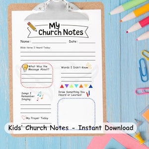 Puede incluir: Un portapapeles con una plantilla impresa "My Church Notes" para niños. La plantilla incluye secciones para nombre, fecha, versículo bíblico, mensaje, palabras, canciones, oración y dibujo. El texto "Kids' Church Notes - Instant Download" está en la parte inferior.