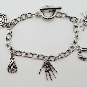 Spooky Halloween Charm Bracelet | Goth Skeleton Hand, Spider Web, Fangs & More