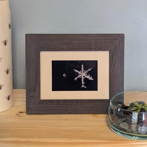 Peut inclure: Une photographie encadrée d'un flocon de neige. Le flocon de neige est blanc et complexe sur un fond noir. Le cadre est de couleur gris foncé. Un petit bol en verre avec des pierres et une plante se trouve à droite du cadre.