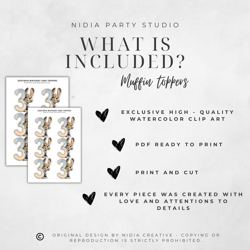 Puede incluir: Una hoja imprimible de adornos para pasteles de cumplea&ntilde;os con el tema de Zootopia con el n&uacute;mero 3 y un conejito de dibujos animados. La hoja tambi&eacute;n incluye el texto "What is Included? Muffin toppers". El dise&ntilde;o es exclusivo arte de clip de acuarela de alta calidad.