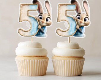 Zootopia Cupcake Toppers, Judy Number 5, Watercolor Birthday (Digital Download)
