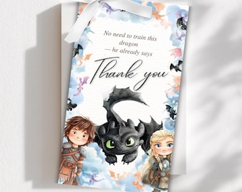 Toothless Dragon Thank you Favor Tag, Watercolor Theme (Digital Download)