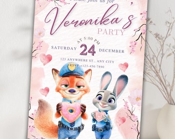 Zootopia Love Birthday Party Invitation, Watercolor Animal City, Editable Canva Template (Digital Download)