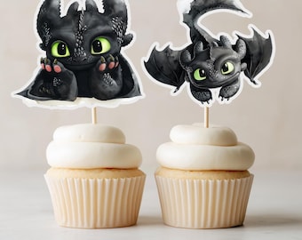 Adornos para cupcakes de Dragón Desdentado, Tema Acuarela (Descarga digital)