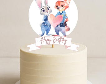 Zootopia Love Cake Topper, Watercolor Birthday (Editable Canva Template, Digital Download)
