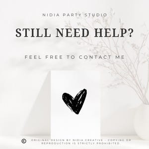 Puede incluir: Un dise&ntilde;o minimalista con una ilustraci&oacute;n de coraz&oacute;n negro sobre una tarjeta blanca. El texto "STILL NEED HELP?" y "FEEL FREE TO CONTACT ME" se muestran encima de la tarjeta. La imagen es de Nidia Party Studio.