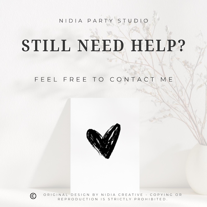 Puede incluir: Un dise&ntilde;o minimalista con una ilustraci&oacute;n de coraz&oacute;n negro sobre una tarjeta blanca. El texto "STILL NEED HELP?" y "FEEL FREE TO CONTACT ME" se muestran encima de la tarjeta. La imagen es de Nidia Party Studio.
