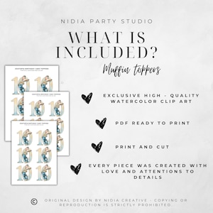 May include: A digital print featuring Zootopia birthday cake toppers. The design includes the number 10 with a cartoon character. The text reads "What is included? Muffin toppers". The design also includes the text "Exclusive high-quality watercolor clip art".