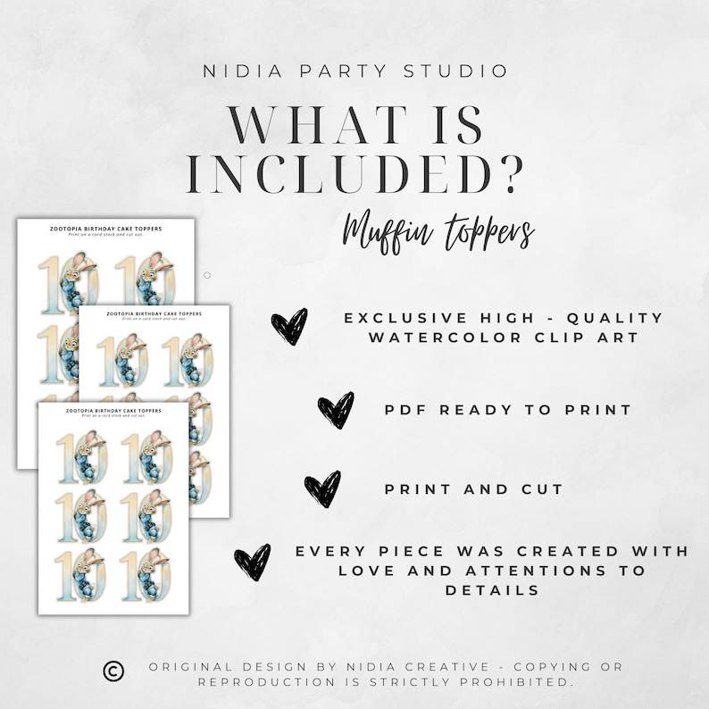 May include: A digital print featuring Zootopia birthday cake toppers. The design includes the number 10 with a cartoon character. The text reads "What is included? Muffin toppers". The design also includes the text "Exclusive high-quality watercolor clip art".