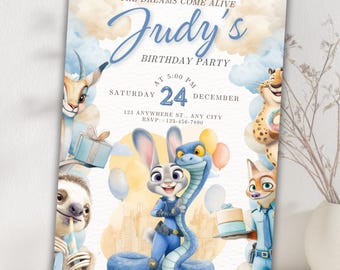 Zootopia 2 Party einladen, Aquarell Animal City (editierbare Canva Vorlage) Kinder Digitaler Download