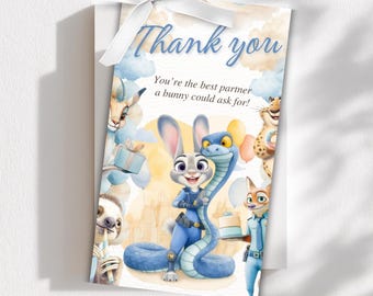 Tarjeta de agradecimiento de Zootopia, Ciudad Animal en Acuarela, Plantilla Editable (Descarga Digital)