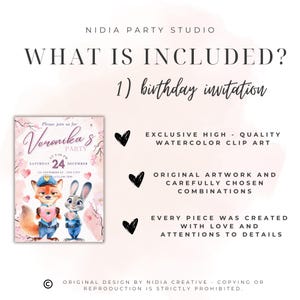 Puede incluir: Una invitaci&oacute;n de cumplea&ntilde;os rosa y blanca con personajes de dibujos animados sosteniendo corazones. La invitaci&oacute;n incluye el texto "Veronika's Party" y detalles. La imagen tambi&eacute;n incluye el texto "What is included?" y "Exclusive high-quality watercolor clip art."