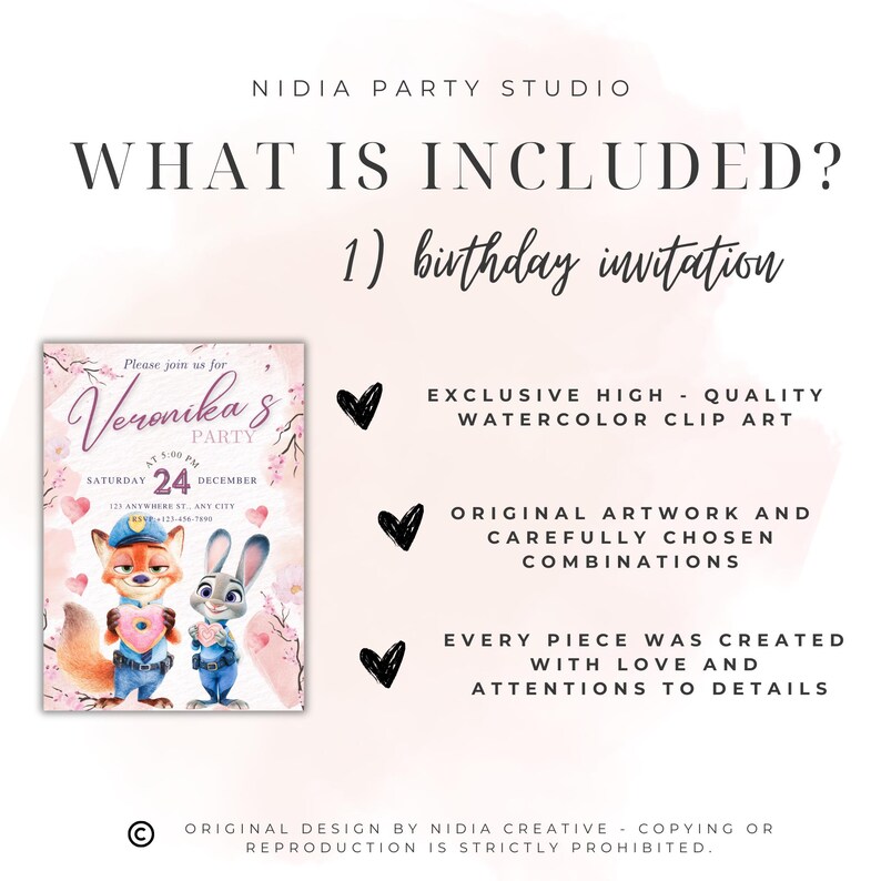 Puede incluir: Una invitaci&oacute;n de cumplea&ntilde;os rosa y blanca con personajes de dibujos animados sosteniendo corazones. La invitaci&oacute;n incluye el texto "Veronika's Party" y detalles. La imagen tambi&eacute;n incluye el texto "What is included?" y "Exclusive high-quality watercolor clip art."