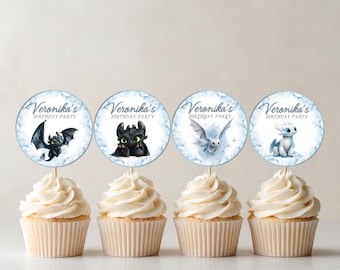 Toothless and Light Fury Dragon Cupcake Toppers, Watercolor Theme (Digital Download)