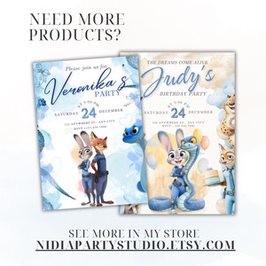 Puede incluir: Dos invitaciones de fiesta con personajes de Zootopia. Las invitaciones son de color azul claro y blanco con el texto "Veronika's Party" y "Judy's Birthday Party". La fecha es el 24 de diciembre. Tambi&eacute;n se ve el texto "Need More Products?" y "See more in my store NIDIAPARTYSTUDIO.ETSY.COM".