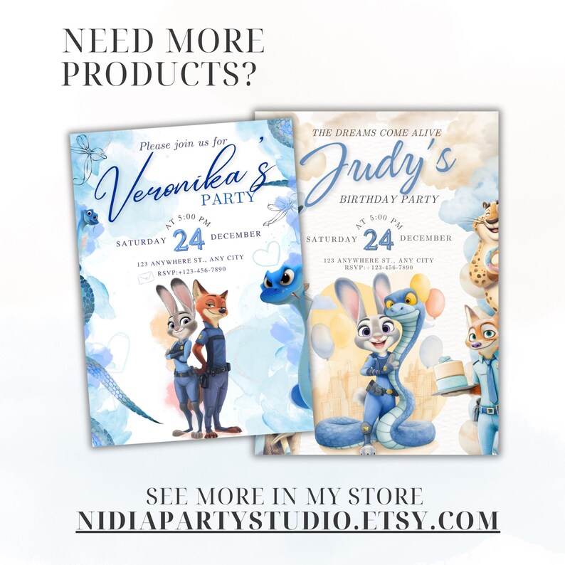 Puede incluir: Dos invitaciones de fiesta con personajes de Zootopia. Las invitaciones son de color azul claro y blanco con el texto "Veronika's Party" y "Judy's Birthday Party". La fecha es el 24 de diciembre. Tambi&eacute;n se ve el texto "Need More Products?" y "See more in my store NIDIAPARTYSTUDIO.ETSY.COM".
