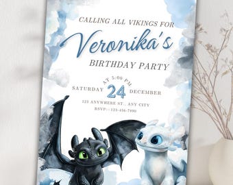 Toothless Dragon Birthday Invitation, Watercolor Theme (Digital Download)
