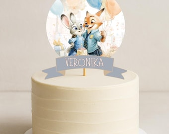 Adorno para tarta de Zootopia, cumpleaños en acuarela (plantilla editable de Canva, descarga digital)