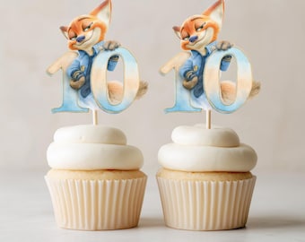Zootopia Cupcake Toppers, Nick Wilde Number 10, Watercolor Birthday (Editable Canva Template) (Digital Download)