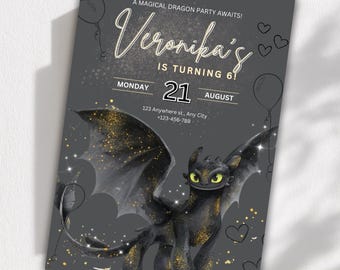 Toothless Dragon Birthday Dark Invitation: Watercolor Theme (Digital Download)