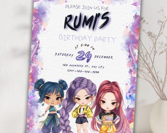Kpop Demon Hunters Birthday Invitation: Editable, Watercolor Theme (Digital Download)