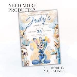 Puede incluir: Una colorida invitaci&oacute;n de cumplea&ntilde;os con personajes de dibujos animados y el texto "Judy's Birthday Party". La invitaci&oacute;n incluye la fecha, la hora y los detalles del lugar. El dise&ntilde;o incorpora una combinaci&oacute;n de colores azul y amarillo con ilustraciones caprichosas.