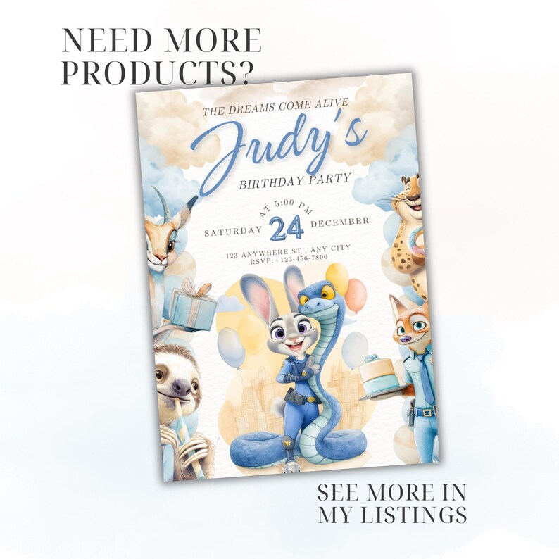 Puede incluir: Una colorida invitaci&oacute;n de cumplea&ntilde;os con personajes de dibujos animados y el texto "Judy's Birthday Party". La invitaci&oacute;n incluye la fecha, la hora y los detalles del lugar. El dise&ntilde;o incorpora una combinaci&oacute;n de colores azul y amarillo con ilustraciones caprichosas.