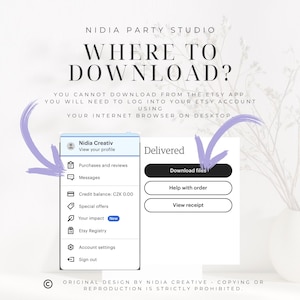 Puede incluir: Gr&aacute;fico digital con el texto "WHERE TO DOWNLOAD?" e instrucciones para descargar desde Etsy. La imagen incluye una captura de pantalla de una cuenta de Etsy y un bot&oacute;n "Descargar archivos". Dise&ntilde;o de Nidia Creative.