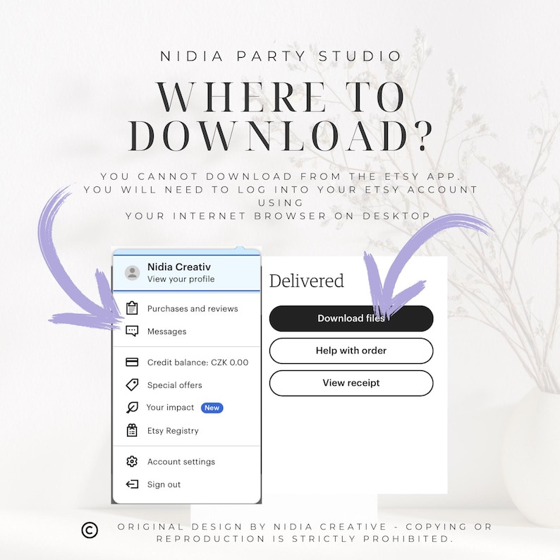 Puede incluir: Gr&aacute;fico digital con el texto "WHERE TO DOWNLOAD?" e instrucciones para descargar desde Etsy. La imagen incluye una captura de pantalla de una cuenta de Etsy y un bot&oacute;n "Descargar archivos". Dise&ntilde;o de Nidia Creative.