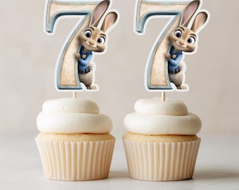 Zootopia Cupcake Toppers, Judy Number 7, Watercolor Birthday (Digital Download)