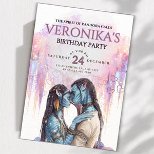 May include: A birthday party invitation featuring a watercolor illustration of two blue-skinned characters from the movie Avatar. The invitation includes the text "VERONIKA'S BIRTHDAY PARTY" and event details, set against a soft, colorful background.