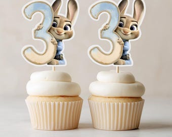 Zootopia Cupcake Toppers, Judy Number 3, Watercolor Birthday (Editable Canva Template) (Digital Download)