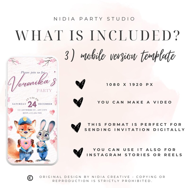 Puede incluir: Plantilla de invitaci&oacute;n digital para una fiesta, con un zorro y un conejo de dibujos animados sosteniendo rosquillas en forma de coraz&oacute;n. La invitaci&oacute;n incluye el texto "Veronika's Party" y detalles del evento. Ideal para redes sociales.