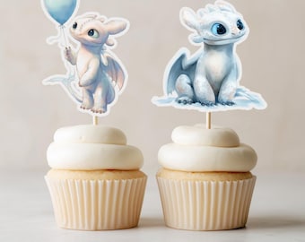 Adornos para cupcakes de dragón Furia Luminosa, tema acuarela (descarga digital)