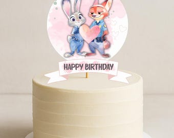 Zootopia Love Cake Topper, Watercolor Birthday (Editable Canva Template, Digital Download)