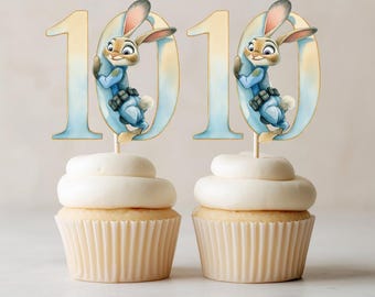 Zootopia Cupcake Toppers, Judy Number 10, Watercolor Birthday (Editable Canva Template) (Digital Download)